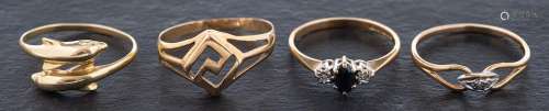Four rings,: including a 9ct gold sapphire and diamond three...