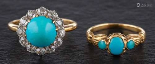 Two turquoise rings,: a turquoise and old-cut diamond cluste...