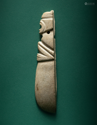 A Costa Rican White Jade Axe Pendant of a Crouching Monkey H...