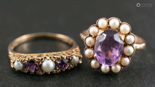 Two amethyst and pearl rings,: including an amethyst and see...