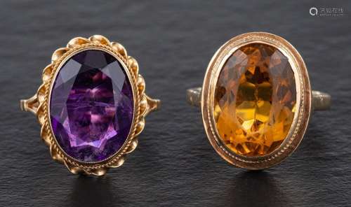 Two rings,: a 9ct gold amethyst ring, estimated amethyst wei...
