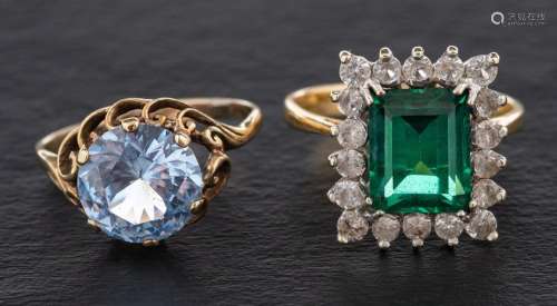 Two synthetic spinel rings,: a ring with a step-cut green sy...