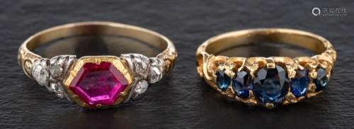 A synthetic sapphire five stone ring and a synthetic ruby an...