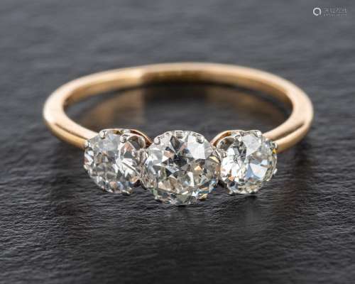 An old-cut diamond, three stone ring,: total estimated diamo...