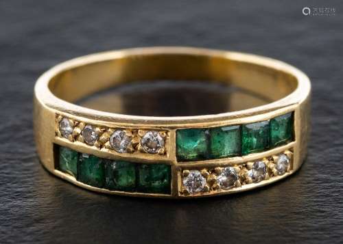 A two-row, emerald and round brilliant-cut diamond ring,: to...