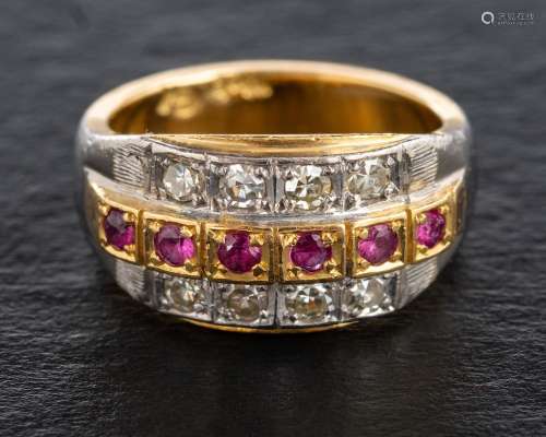 A three-row ruby and single-cut diamond ring,: estimated tot...