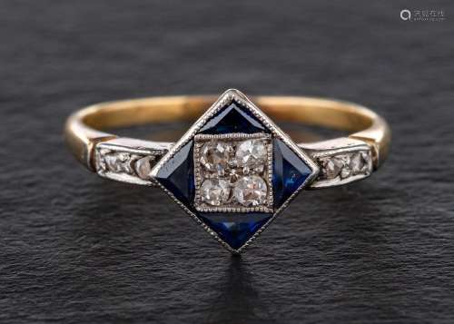 A rose and single-cut diamond and calibre-cut sapphire ring,...