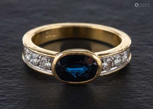 A sapphire and round, brilliant-cut diamond ring,: calculate...