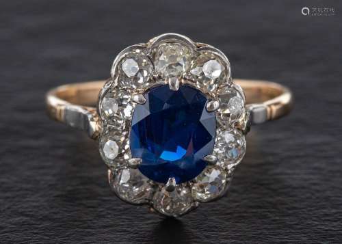 A 15ct gold and silver, cushion-cut sapphire and old-cut dia...
