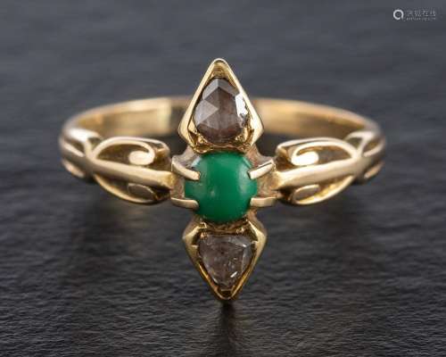 A turquoise and rose-cut diamond, three-stone ring,: with po...