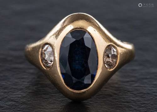 A sapphire and old-cut diamond three-stone ring,: estimated ...