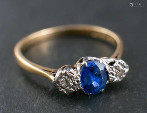 A sapphire and old-cut diamond ring, three-stone ring,: tota...