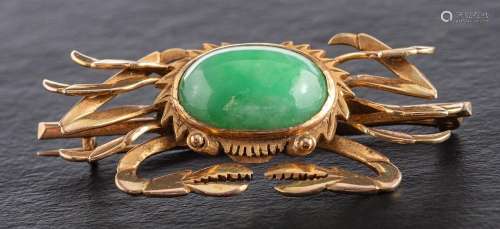 A mid-20th century, crab jade brooch,: stamped 14K, length c...