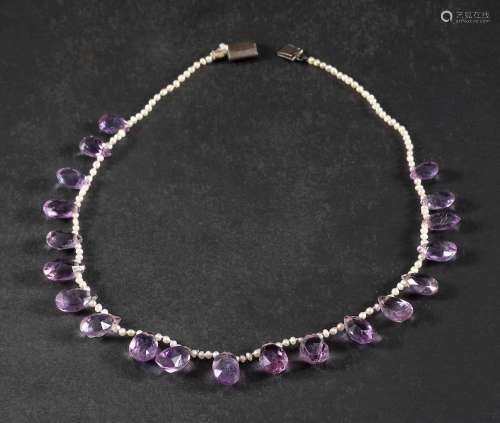 A seed pearl fringe necklace with briolette-cut amethyst pen...