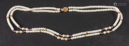 A two row cultured pearl necklace with sapphire spacers,