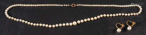 A graduated cultured pearl necklace and a pair of cultured p...