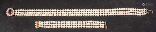 A three-row, cultured pearl choker and associated bracelet,