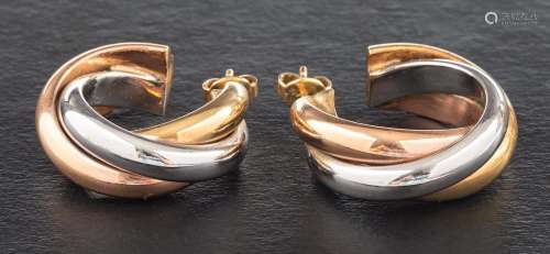 A pair of 9ct tri-coloured gold, half-hoop earrings,: import...