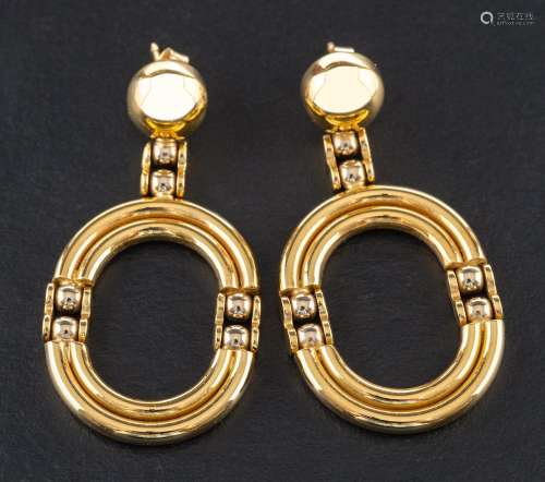 A pair of hinged, open, oval drop earrings,: stamped 750, le...