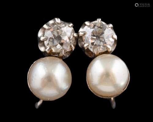 A pair of silver gilt, old-cut diamond and cultured pearl ea...
