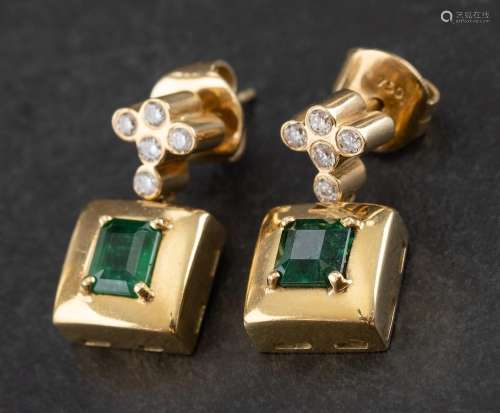 A pair emerald and round, brilliant-cut diamond earrings,: c...