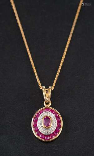 A 9ct gold ruby and single-cut diamond cluster pendant: toge...