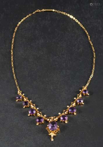 A seed pearl, fringe necklace with amethyst pendants,: stamp...