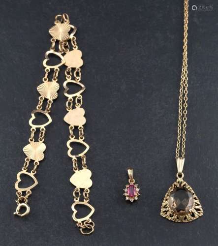 Two pendants and a bracelet,: a 9ct gold bracelet of heart-s...