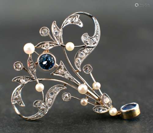 A gold and silver Belle Epoque sapphire, rose-cut diamond an...