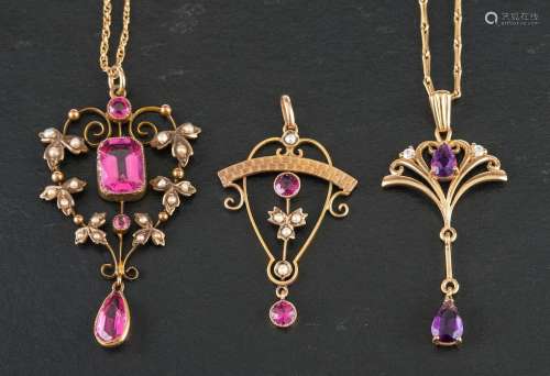 Three gemset, openwork pendants,: including a 9ct gold, amet...
