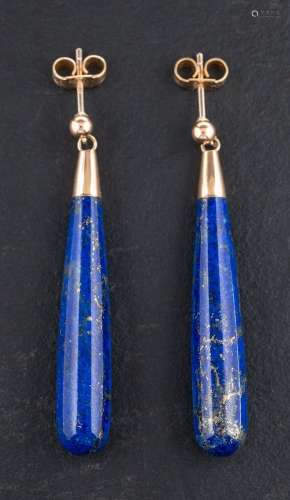 A pair of 9ct gold lapis lazuli drop earrings,: partial hall...