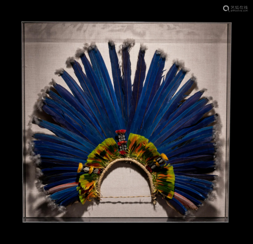 A Juruna Feather Headdress Height 30 1/4 inches (77 cm).