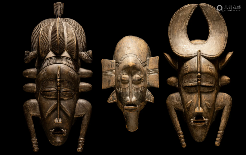 Three Senufo Wood Masks Height of largest 17 5/16 inches (44...