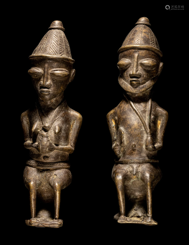 Two Ogboni Brass Male and Female Seated Figures Height of ta...