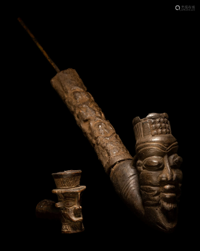 Two African Wood Smoking Pipes Length of largest 13 5/32 inc...