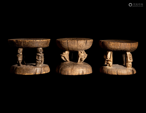 Three African Wood Stools Height of largest 8 1/4 inches (21...