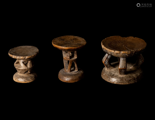 Three Tonga Wood Stools Height of largest 8 1/2 inches (21.6...