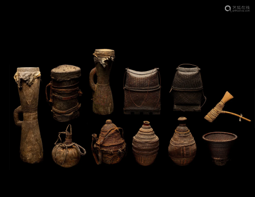 Eleven Oceanic Drums, Baskets, and Tools Height of largest 2...