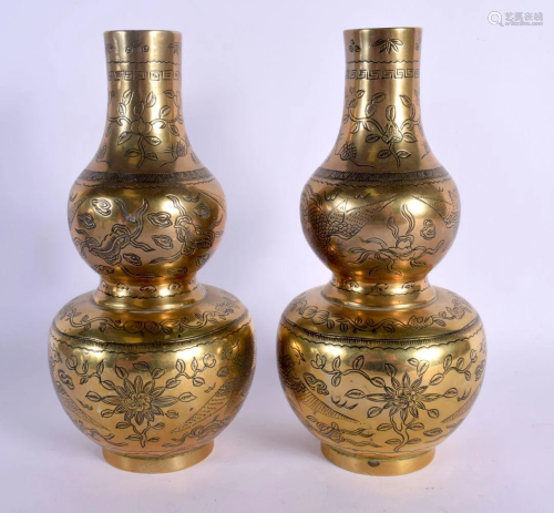 A PAIR OF 19TH CENTURY CHINESE DOUBLE GOURD BRONZE VASES dec...