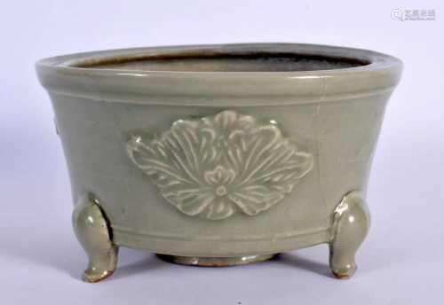 A CHINESE MING DYNASTY CARVED CELADON LONGQUAN CENSER decora...