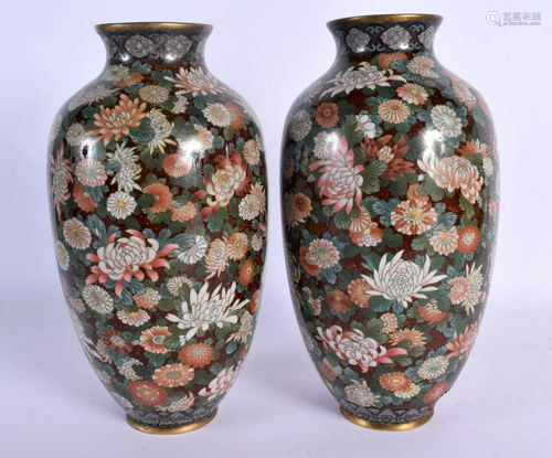 A PAIR OF EARLY 20TH CENTURY JAPANESE MEIJI PERIOD ENAMEL VA...