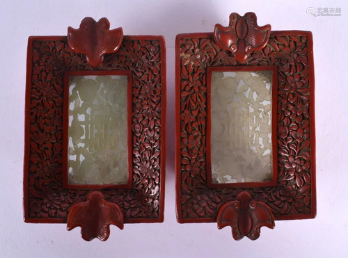 A PAIR OF LATE 19TH CENTURY CHINESE CINNABAR LACQUER AND JAD...