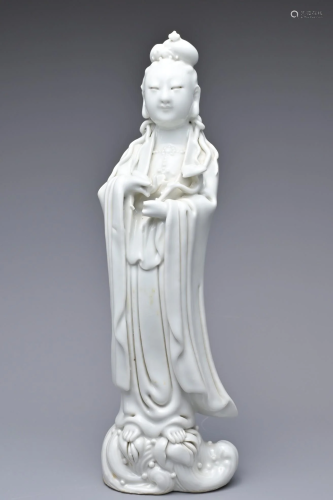 A CHINESE BLANC DE CHINE PORCELAIN FIGURE OF GUANYIN, 18TH C...