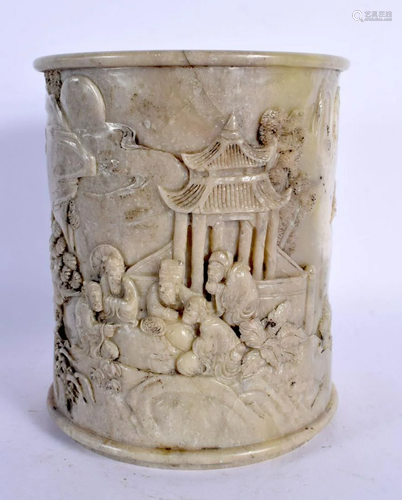 A MID 19TH CENTURY CHINESE CARVED SOAPSTONE BRUSH POT Qing d...