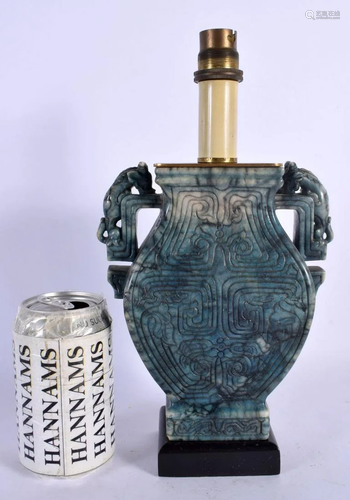 A RARE 19TH CENTURY CHINESE TWIN HANDLED BLUE SOAPSTONE VASE...