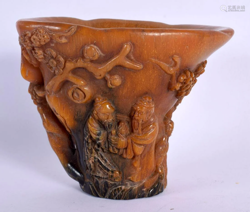 A CHINESE CARVED BUFFALO HORN TYPE LIBATION CUP 20th Century...