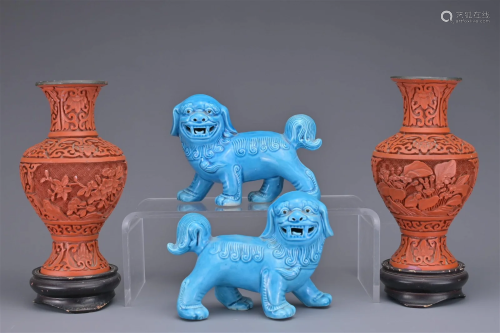 PAIR OF CHINESE LACQUER VASES AND FOO DOGS
