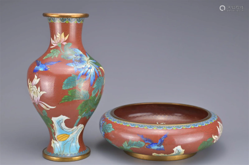A CHINESE COLISONNE ENAMEL BOWL AND VASE, EARLY 20TH CENTURY