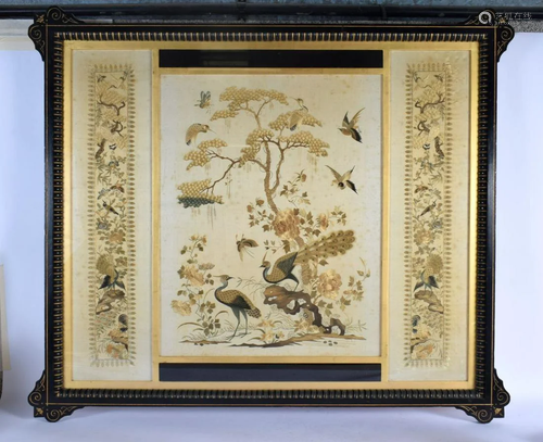 A RARE 19TH CENTURY CHINESE FRAMED EMBROIDERED SILKWORK PANE...