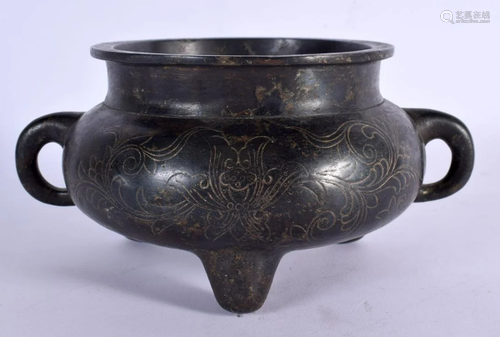 A CHINESE TWIN HANDLED BRONZE CENSER 20th Century. 17 cm wid...